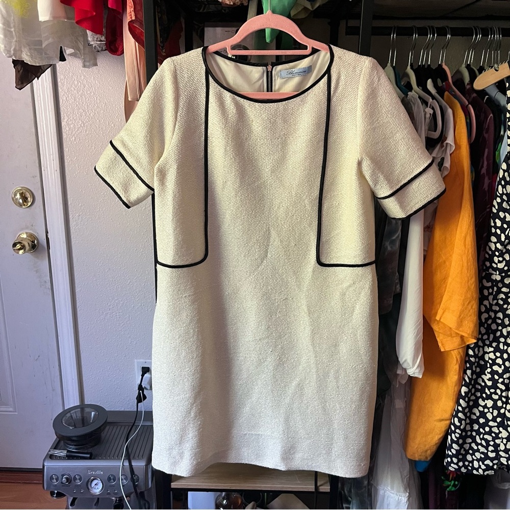 BLUMARINE ivory cream raffia‎ tweed short sleeve piping short sleeve mini dress
